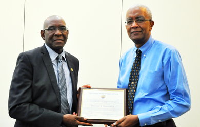 UVI Board of Trustees Chairman Alexander Moorhead was awarded a certificate of appreciation for providing outstanding leadership past 18 years to the University of the Virgin Islands through service and contributions for the Board of Trustees, the Foundation for the University of the Virgin Islands, the Virgin Islands Educational and Cultural Award Endowment and the UVI Research and Technology Park. 